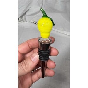 Hand Blown Glass Lemon Wine Bottle Stopper‎ Yellow & Green Fruit Bar Accessory
